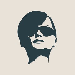 Portrait of beautiful woman in black sunglasses. Short hair. Vector version. Front view