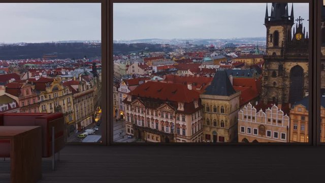 A penthouse with a view to the iconic Prague Old Town Square in Czech Republic - Czechia - shown in day to night timelapse
