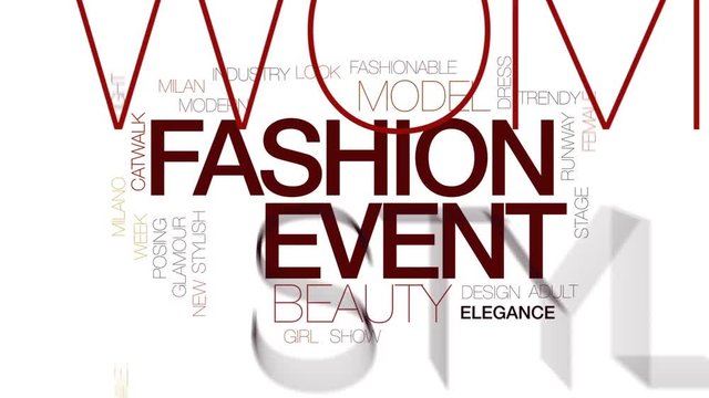 Fashion event animated word cloud, text design animation. Kinetic typography.