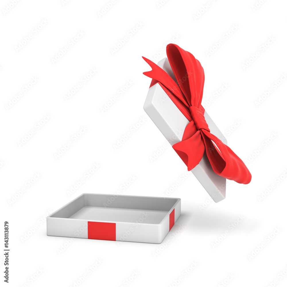 Poster 3d rendering of a white flat gift box with a red bow on white background with opened lid hanging hig