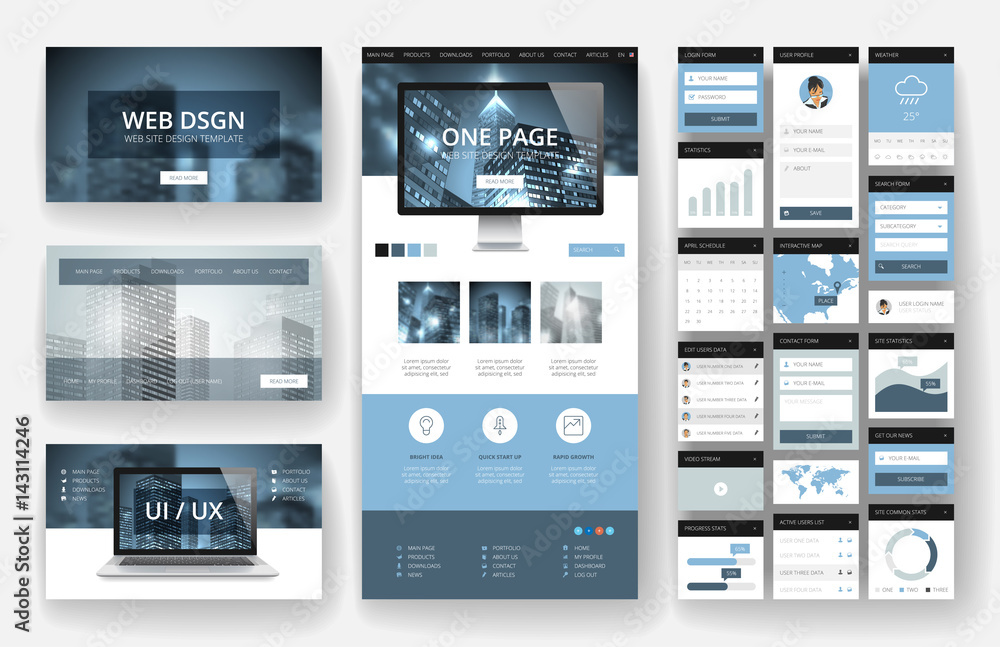 Wall mural website design template and interface elements