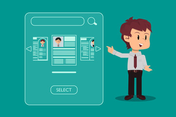 Office staff recruiter reviewing resumes to choose staff. flat style design on isolated background