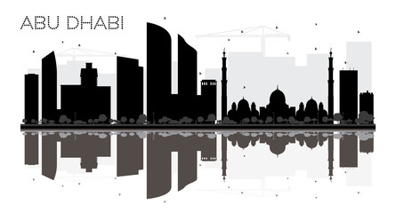 Obraz premium Abu Dhabi City skyline black and white silhouette with reflection.