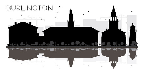 Obraz premium Burlington City skyline black and white silhouette with reflections.