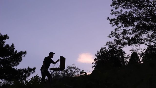 Artist Painting by the Edge of a Wood. Painting outdoors. Painter reproduces the actual visual conditions seen at the time of the painting