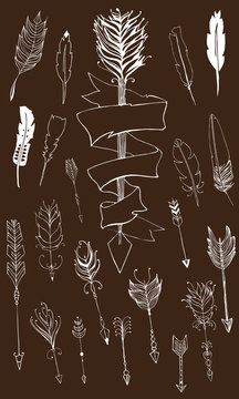 Monochrome tribal set with arrows, hand drawn ethnic collection with arrows for design, rustic decorative arrows and feathers, hippie and boho style vector illustration, arrow with title