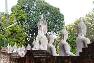 Aligned Sitting Buddha Statues behind view at Wat Yai Chaimongkol in Ayutthaya, Thailand
