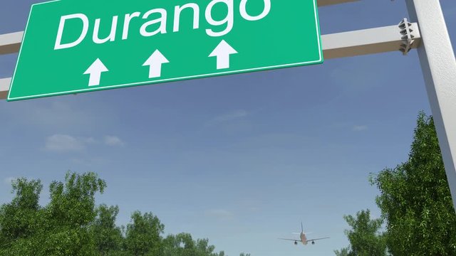 Airplane arriving to Durango airport. Travelling to Mexico conceptual 4K animation