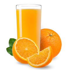 Isolated drink. Slices of orange fruit and glass of juice isolated on white with clipping path
