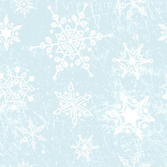 Vector seamless pattern with different hand drawn showflakes. Abstract winter background. White snow on grunge shabby background. Kid's style illustration. - 143117291