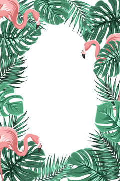 Exotic tropical jungle rain forest bright green palm tree and monstera leaves with pink flamingo birds border frame template on white background. Vertical portrait aspect ratio. Text placeholder.
