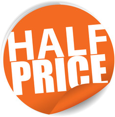 Half price orange Label, Sign, stickers and symbol.