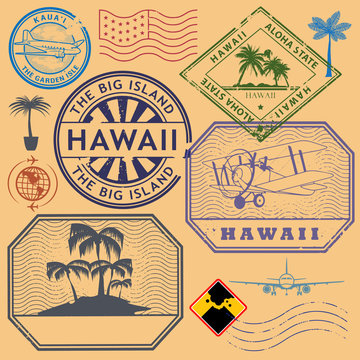 Retro vintage postage stamps set Hawaii