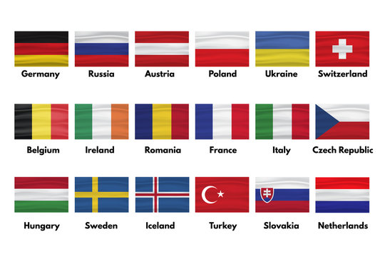 Netherlands, Slovakia, Turkey, Sweden, Iceland, Hungary, Czech Republic, Italy France, Romania, Ireland, Belgium, Switzerland, Ukraine, Poland, Austria, Russia, Germany  flags set with shadows