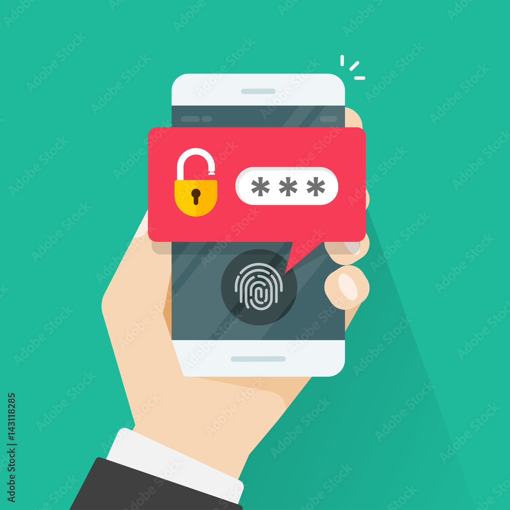 Poster hand with mobile phone unlocked with fingerprint button and password notification vector, concept of