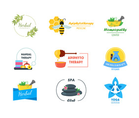 Cartoon Alternative Medicine Badges or Labels Set. Vector