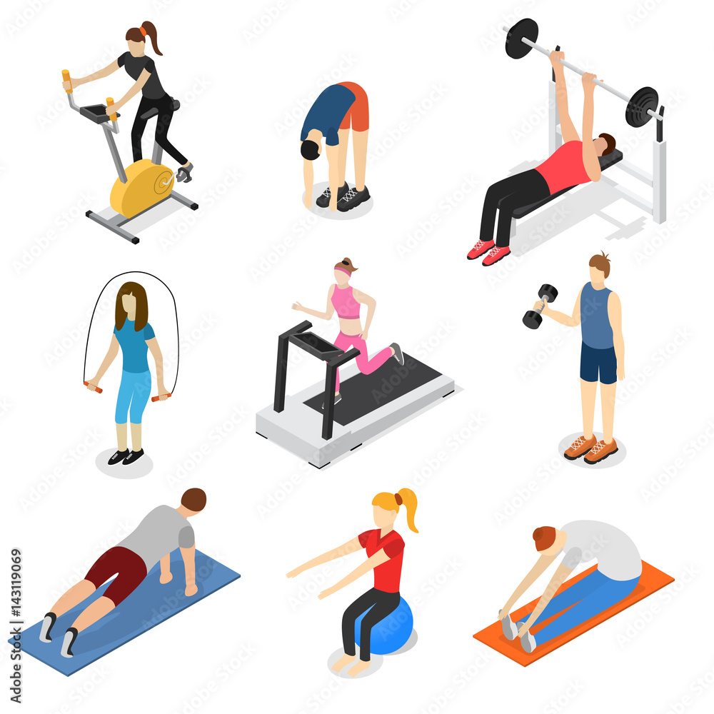 Poster Sport People in Gym Set Isometric View. Vector