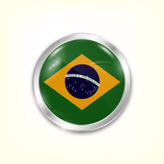 Round button national flag of Brazil with the reflection of light and shadow. Icon country. Realistic vector illustration.