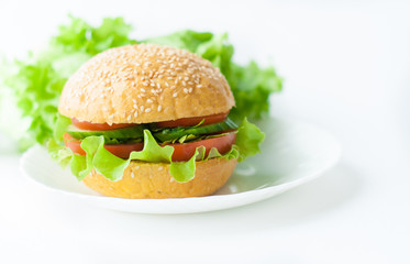 Sandwich, hamburger with vegetables on a white background, fast food. Banner for cafe