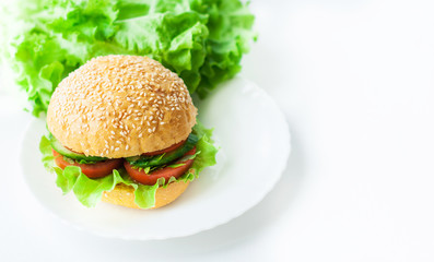 Sandwich, hamburger with vegetables on a white background, fast food. Banner for cafe