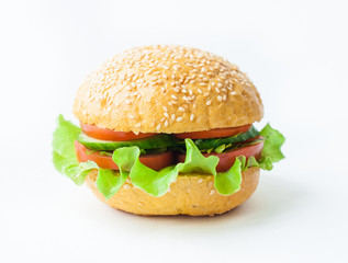 Sandwich, hamburger with vegetables on a white background, fast food. Banner for cafe