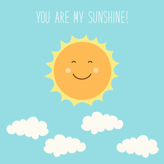 Cute hand drawn smiling cartoon character of Sun with hand written text