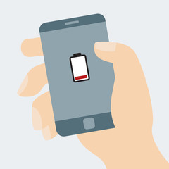 Hand holding smart phone running out of charge