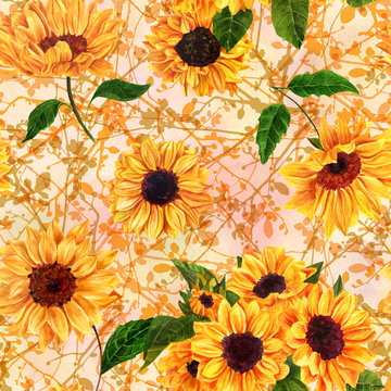 Seamless pattern with watercolor sunflowers and branches