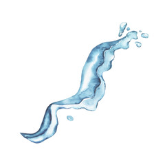 Blue water splash with drops on white background. Hand drawn watercolor illustration.