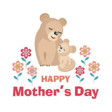 Happy Mother’s day. Greeting card with the image of cute animals with cubs. Vector illustration in cartoon style.