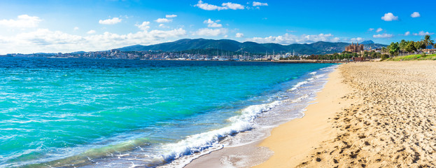 Panorama view of the beach of Palma de Majorca, Spain Mediterranean Sea, Balearic Islands - 143122495