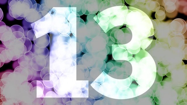 Thirteen to fourteen years birthday fade in/out animation with color gradient moving bokeh background. Animation: 90 frames still with number, 180 fade out, 30 clear, 180 fade in, 300 still.