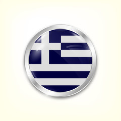 Round button national flag of Greece with the reflection of light and shadow. Icon country. Realistic vector illustration.