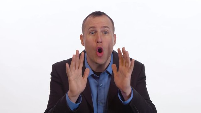 Man yelling with various gestures on white background.