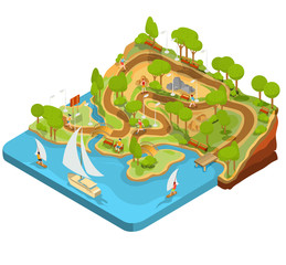 Vector 3D isometric illustration of cross section of a landscape park with a river flowing there, bridges, benches and lanterns. Soil in the section for the study of geological layers.
