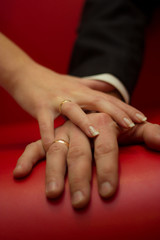 Bridal concept - Hands of man and woman with wedding ring