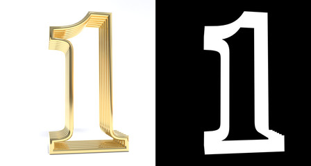 Golden number one on white background with drop shadow and alpha channel. 3D illustration