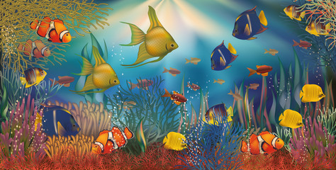 Obraz na płótnie Canvas Underwater background with tropical fish, vector illustration