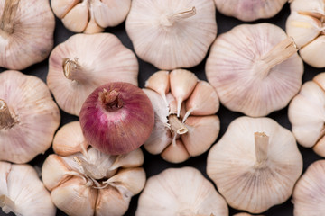 Garlic and onion on the black stone table