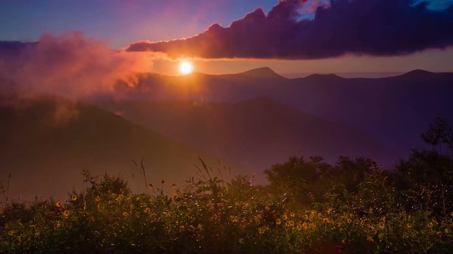 Dramatic beautiful sunrise in the Blue Ridge Mountains of Asheville North Carolina