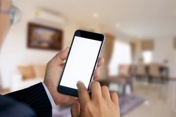 Businessman Using smartphone in living room. Blank screen of smartphone for graphic montage.