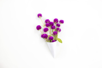 white paper cone with Globe Amaranth bouquet on white background. ﬂat lay. top view.