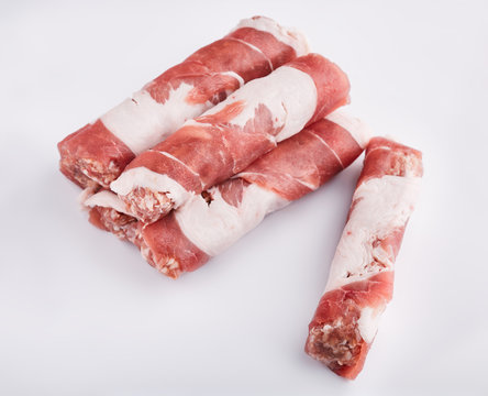 Raw pork meat. Bacon with veined veins. Minced meat. Meat dish. Beef. Texture of meat close-up.