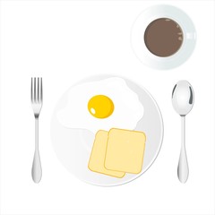 Breakfast at morning include fork, spoon, fried egg, coffee cup and breads.