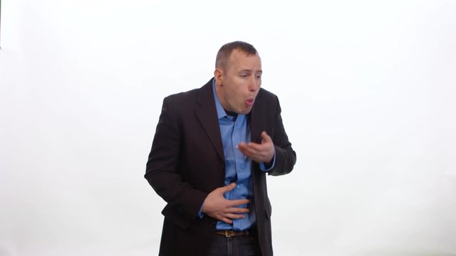 Man about to be sick dry heaves and leaves frame on white background.