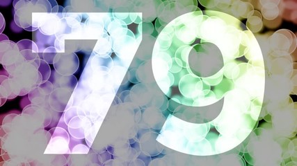 Seventy nine to eighty years birthday fade in/out animation with color gradient moving bokeh background. Animation: 90 frames still with number, 180 fade out, 30 clear, 180 fade in, 300 still.