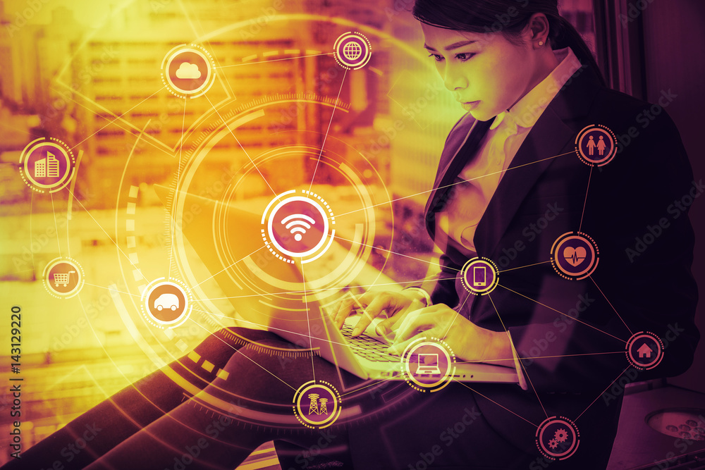 Aufkleber Internet of Things concept. Wireless Communication Network. Information Communication Technology. abstract image visual.