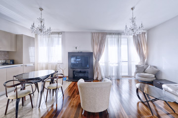 Russia, Moscow region - interior design kitchen - living room in luxury new apartment
