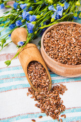 Linseed oil, flax seeds, and flowers on a light background.