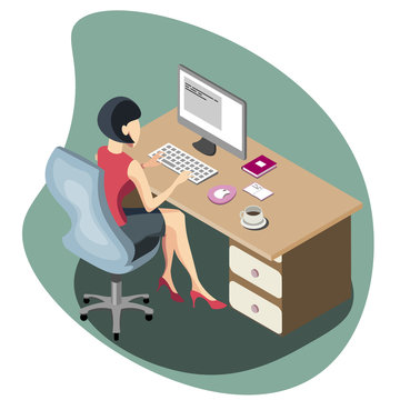 Woman working at a computer isometric